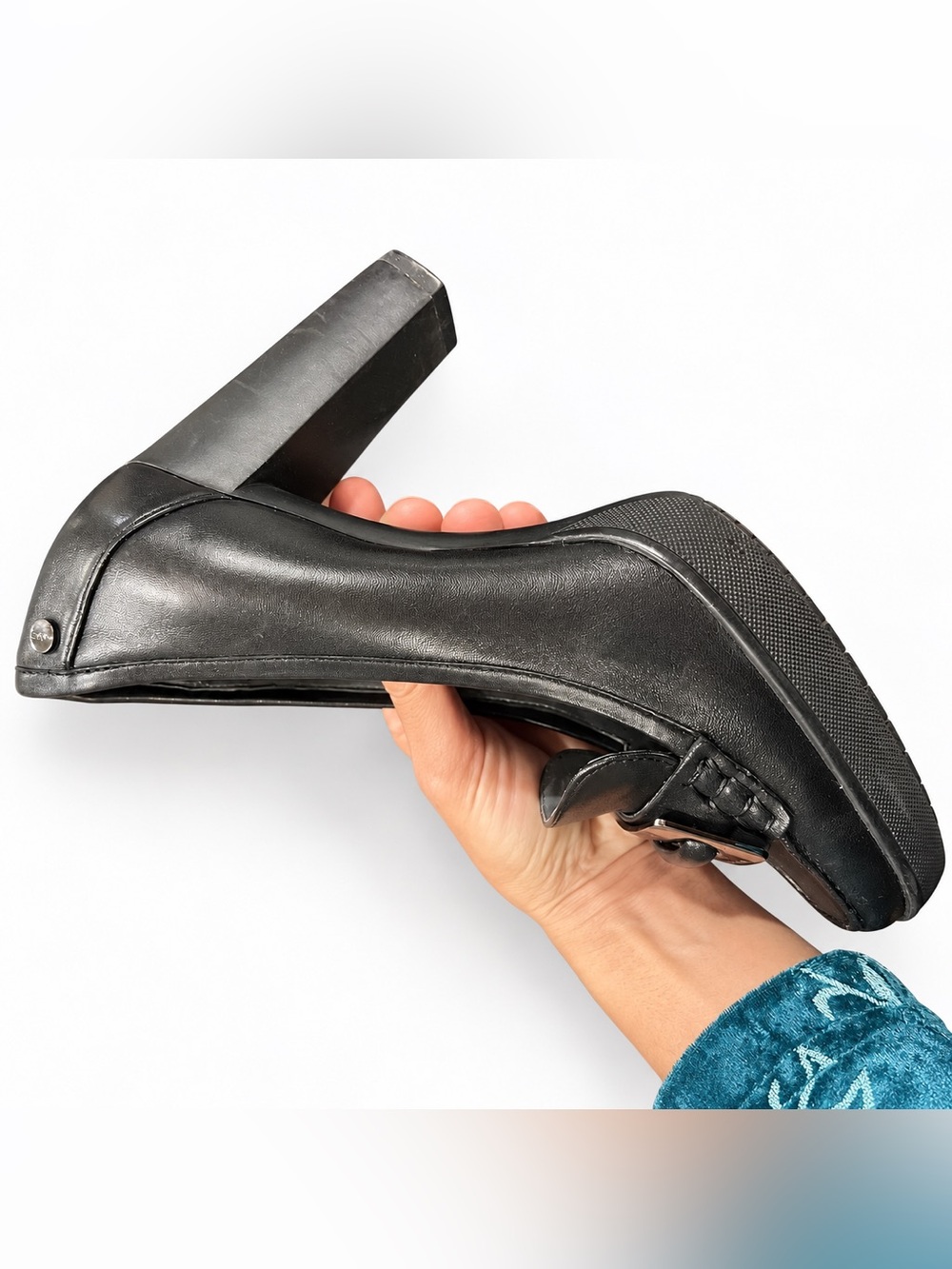 Vintage 90s Calvin Klein Black Leather Square Toe Loafer Pumps Y2K Block Heels - Picture 7 of 10